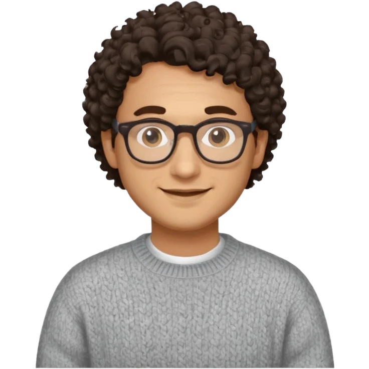 man in his 30s, curly dark hair, wearing glasses and a sweater, warm smile emoji emoji