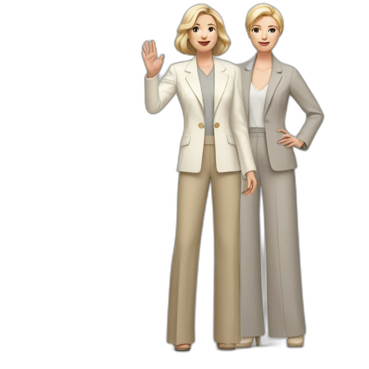Full height Actively gesturing with hands pale skin woman with ash blonde Straightened bob Hair, White Spacious classical jacket, beige palazzo Arrow pants and gray blouse emoji