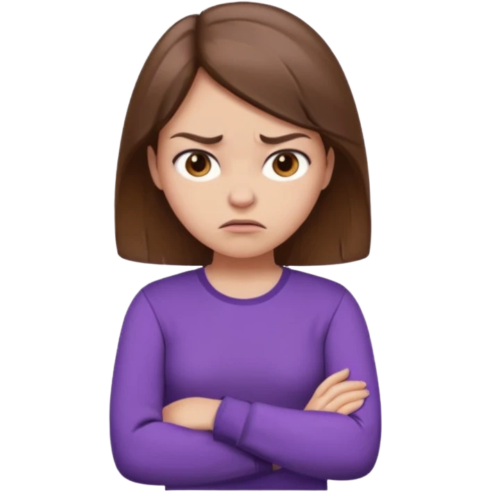 Angry Pouty girl with squinted eyes folding arms in a purple longsleeve shirt she has fair skin and brown hair emoji