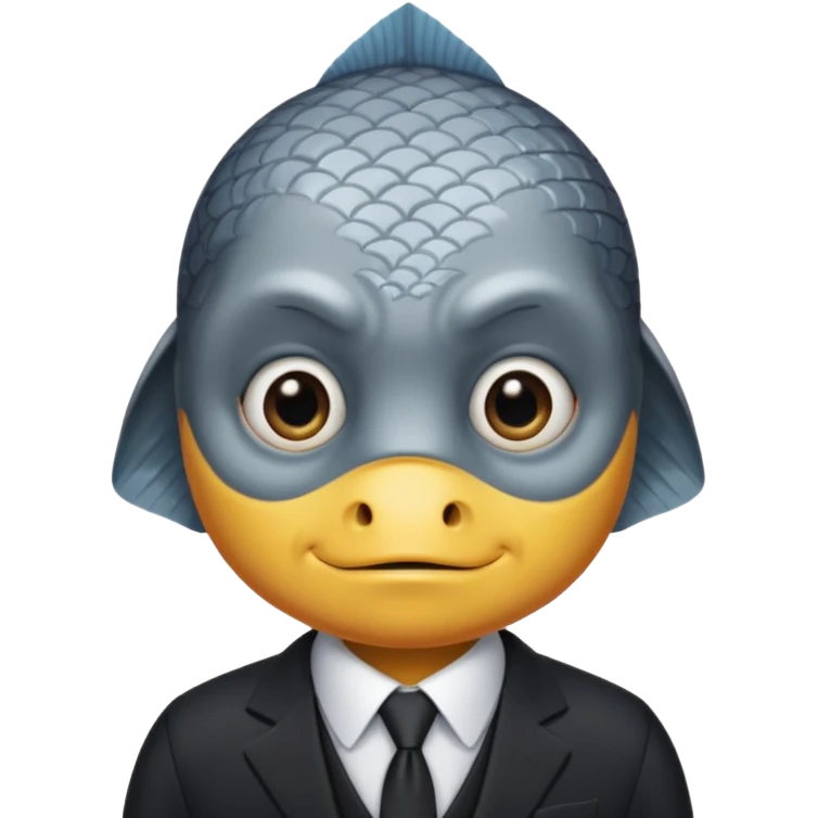 A fish man dressed in a black suit. Its face is grey fish emoji