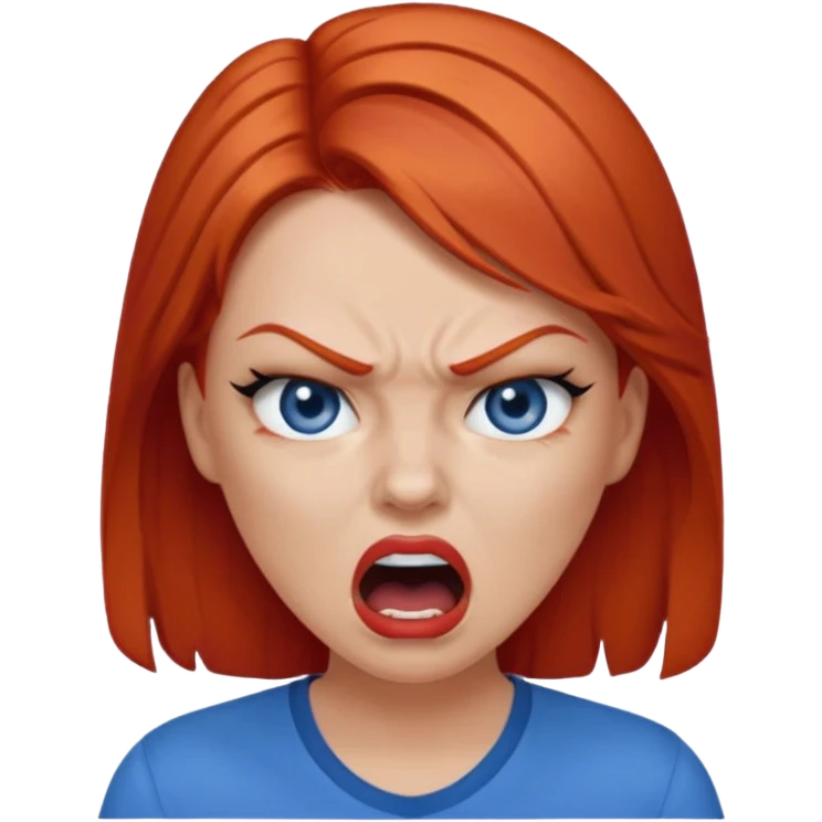 mujer pelirroja con los ojos y los labios maquillados enojada gritando con remera azul emoji