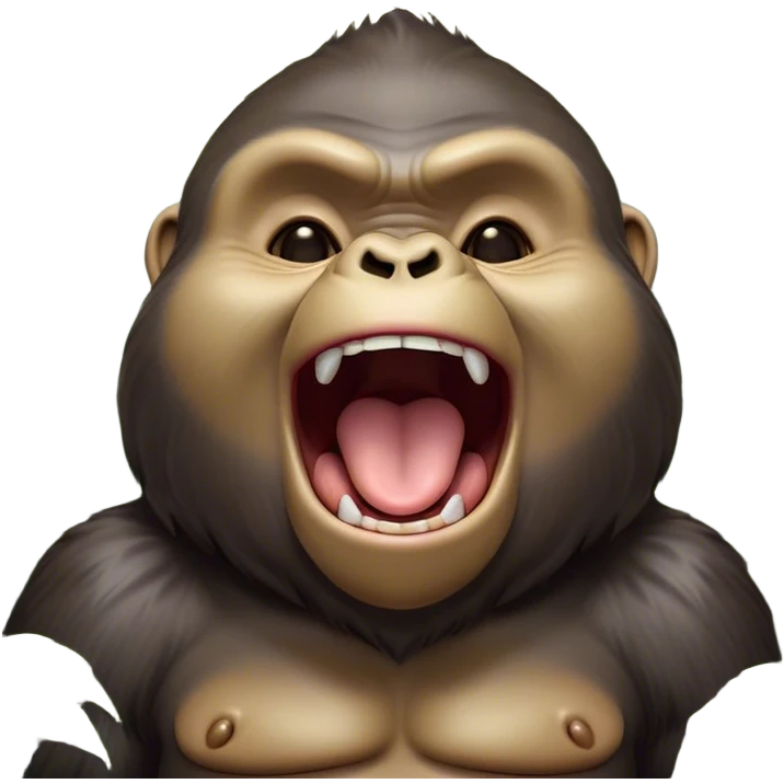 Cinematic Cute Yawning Gorilla Portrait Emoji, Head tilted slightly with a dramatic, wide-open yawn, showcasing a thick, velvety Fur with drowsy, half-closed eyes and a relaxed, open expression, Simplified yet irresistibly adorable features, highly detailed, glowing with a soft, cozy jungle glow, high shine, relaxed yet expressive, stylized with a dash of whimsical primate charm, soft glowing outline, capturing the essence of a drowsy yet affectionate guardian that appears ready to stretch out for a nap! emoji