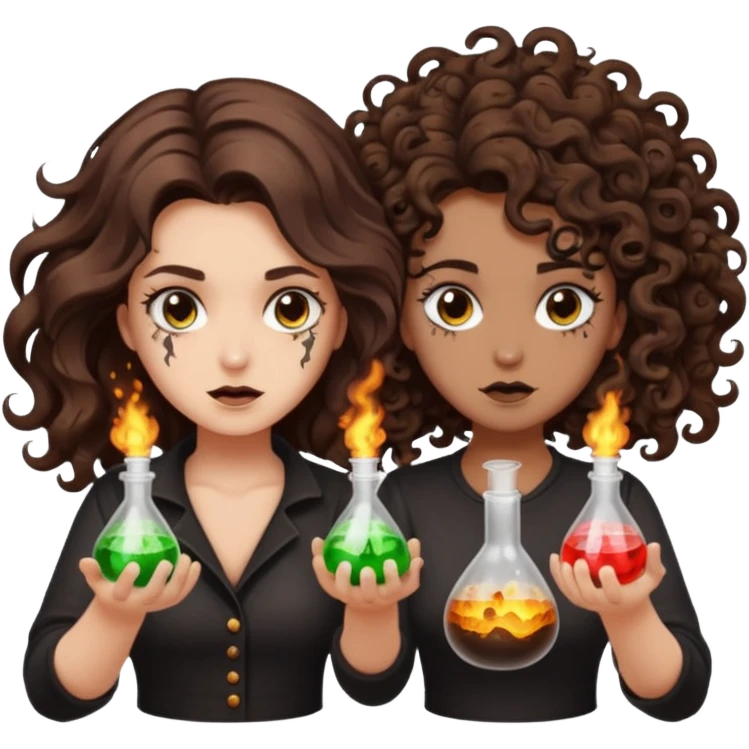 alchemy accident — long wavy brown hair tattooed woman and short tight curly brown hair woman — potion explosion soot faces emoji