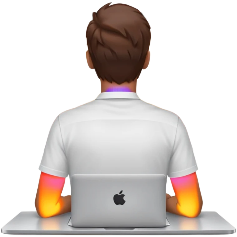 A man seen from behind, with detailed, well-lit hair. He is sitting in front of an open MacBook on a desk. On the MacBook screen, the Instagram logo is clearly visible and glowing.  emoji