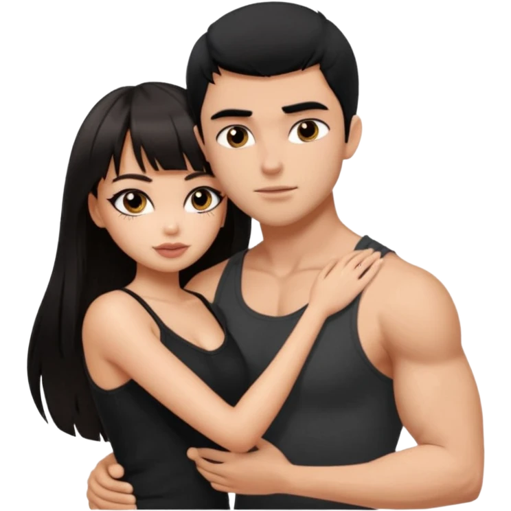 generate a pretty bratz girl in black cami top, dark brown straight long hair with bangs, eyeliner on, 

hugging a handsome muscular boy with black hair and a grey tshirt emoji
