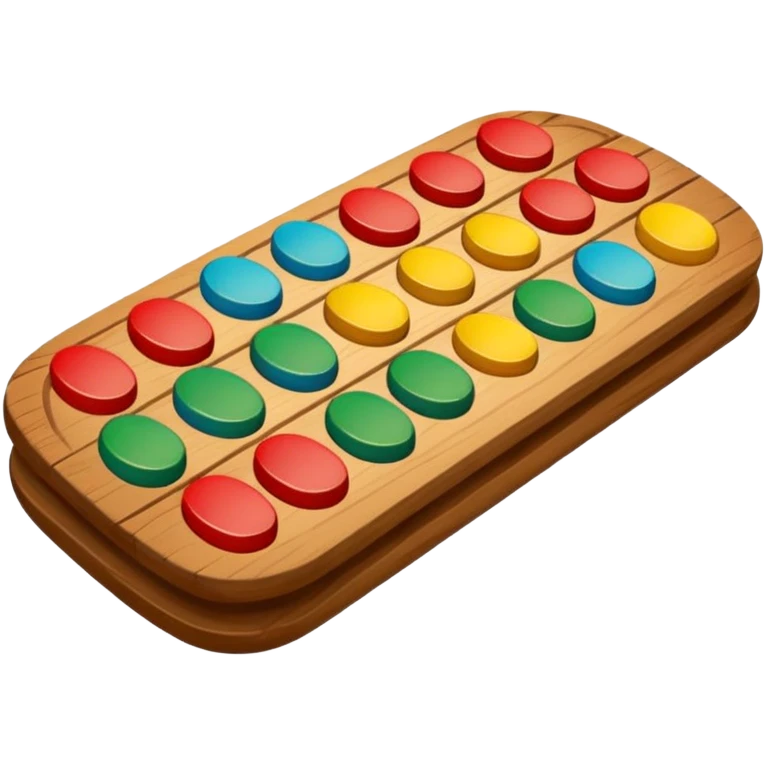 Flat emoji illustration of an African Awalé (mancala) board, wooden board with 12 holes, colorful seeds, simple shapes, bold outlines, cute and playful style, vector look, transparent background” emoji