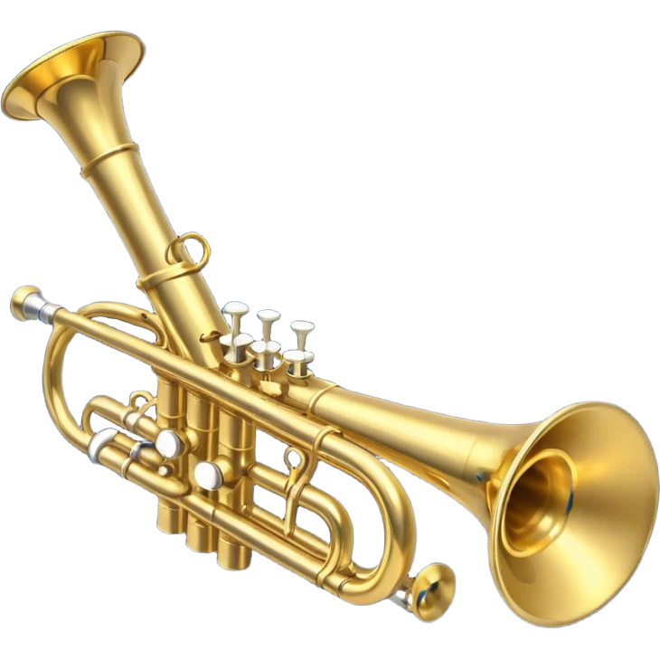 “Flat vector icon of a golden trumpet in side view with mouthpiece, bell, and three simple valves, thick dark outline, minimal details, centered on a deep navy blue rounded-square (or circle) background. Transparent outside the background, PNG.” emoji