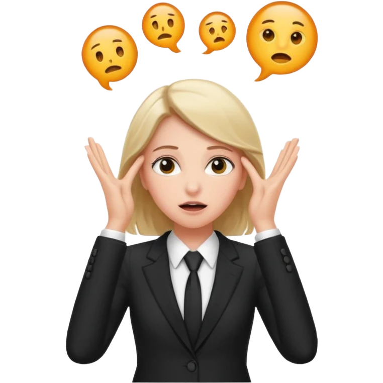 white girl in formal suit surprised, hands on head emoji