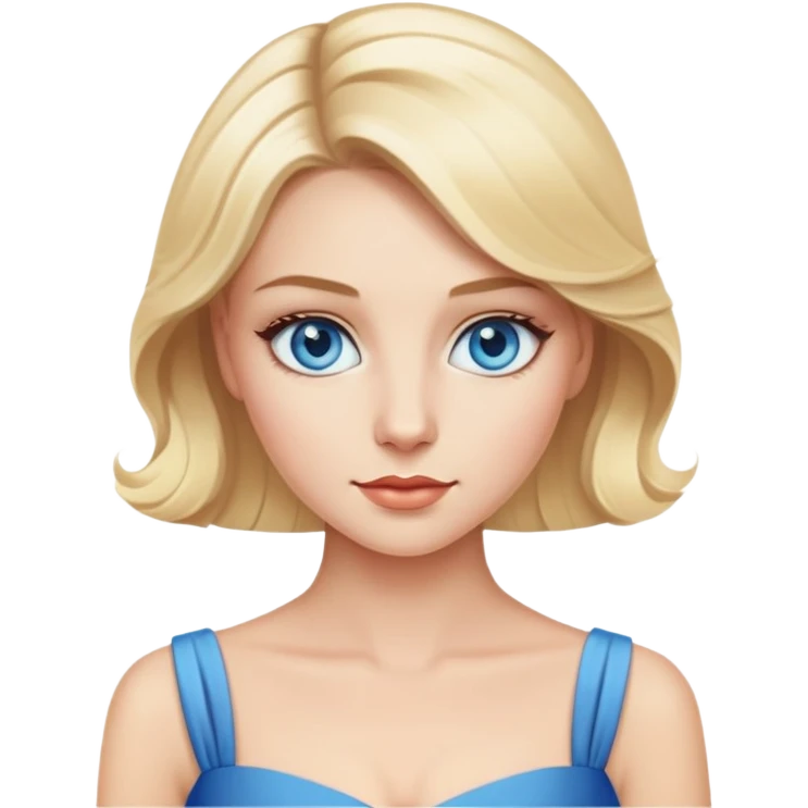 blonde woman in elegant dress, blue eyes emoji