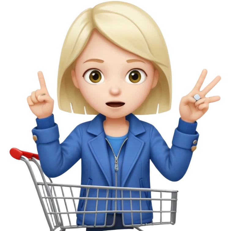 impulsive shopper: tiny face with excited eyes, finger on ‘buy’ button, small fast shopping cart with motion lines emoji