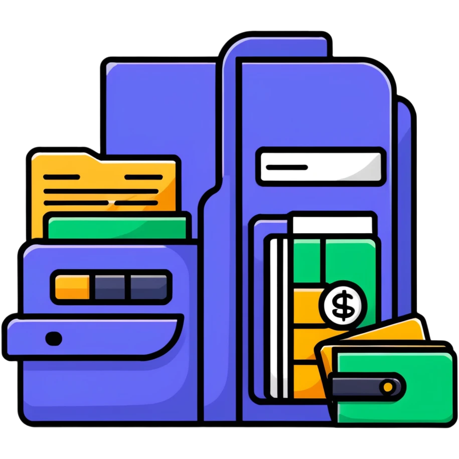 Closed folder icon with small symbols floating around: bank building, credit card, calculator, and document – organized financial archive emoji