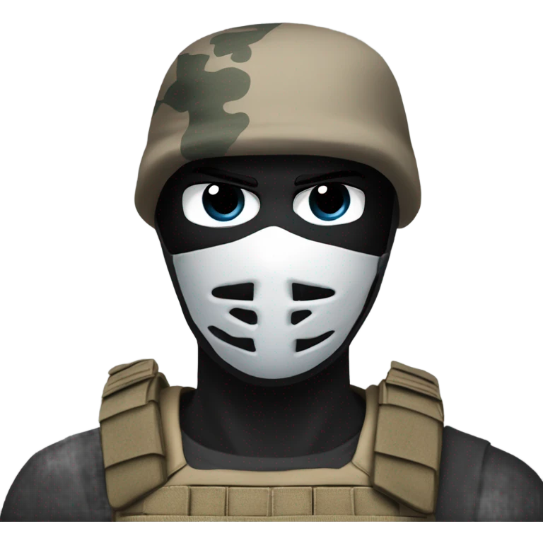 White male, call of duty black mask, camo tactical gear, tan combat boots, black beanie, blue eyes emoji