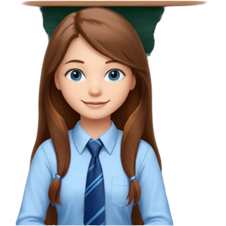 high school class room with a pretty female high school student with long brown hair, blue eyes, wearing a tie, sitting in front of the blackboard emoji