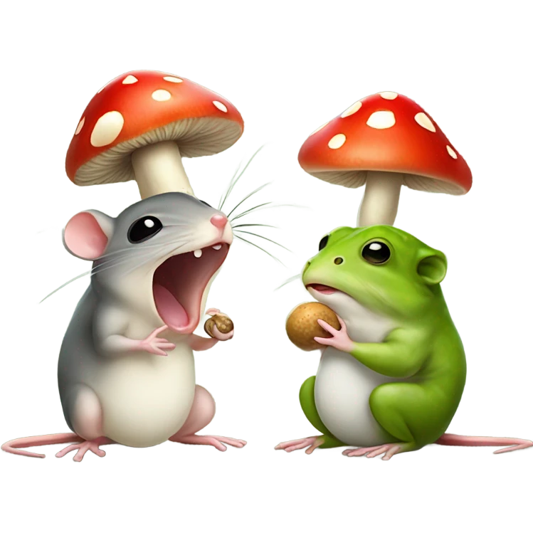 Tiny mouse opening his mouth larger than possible to eat the cap of a mushroom that is also attached to its stem, but the frog doesn't want to eat the stem emoji