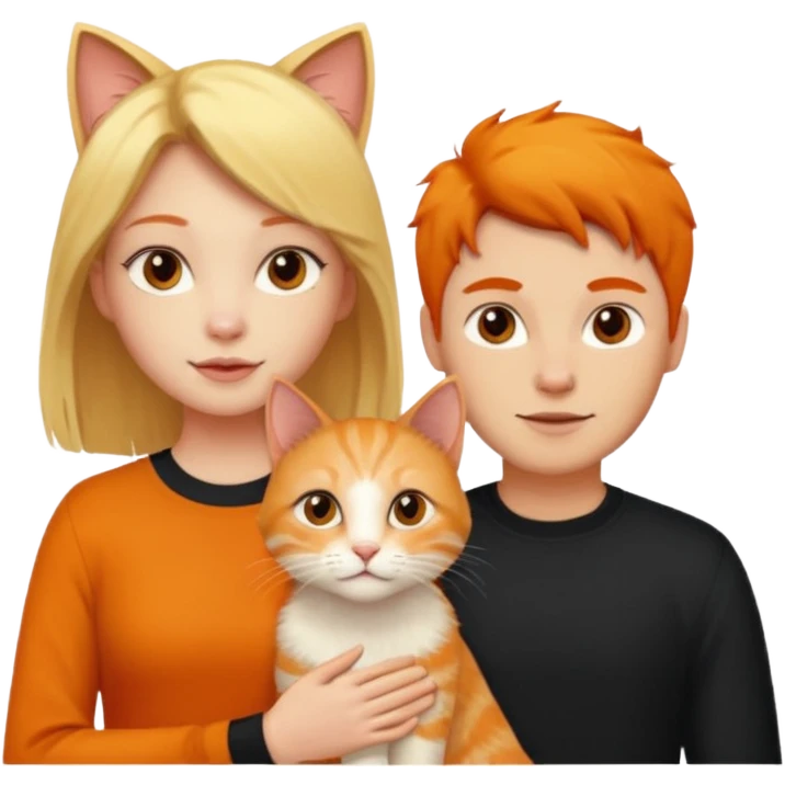 A blonde girl, a ginger cat, and a guy with black hair. emoji