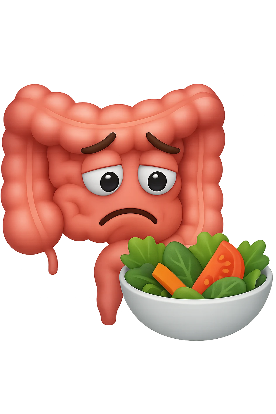 EMOJI STILE IPHONE DI UN INTESTINO UMANO ANATOMICO CHE GUARDA UN INSALATA CON ESPRESSIONE TRISTE E RASSEGNATA IN VOLTO: SOFFRE LA FAME PERCHé è A DIETA, FAGLI ANCHE LA PARTE BIANCA DEGLI OCCHI, NON SOLO LE PUPILLE emoji