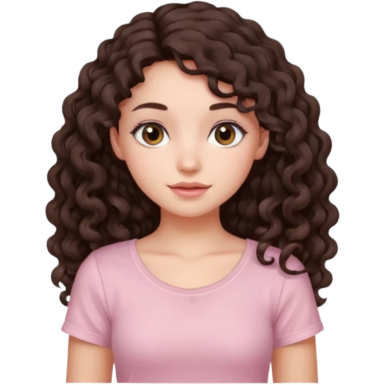 crée moi une jeune fille très belle avec les cheveux bouclés long brune avec un top de couleur rose clair emoji
