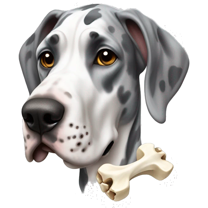 Gray and white harlequin Great Dane with bone emoji