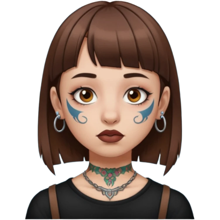 Alternative girl with straight brown hair and micro bangs and a throat tattoo emoji