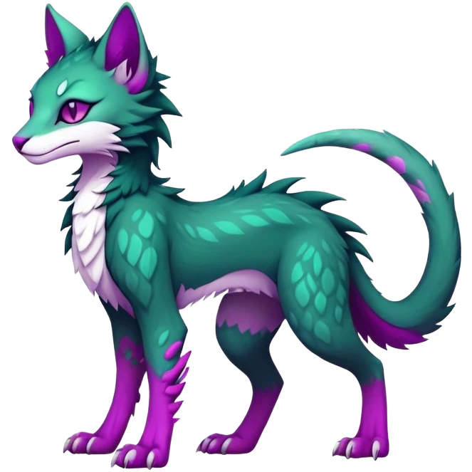 Kawaii dark edgy gloomy dark green ethereal feline-vernid-sergal-fursona animal creature with a tufted tail full body with intricate markings with magenta eyes emoji