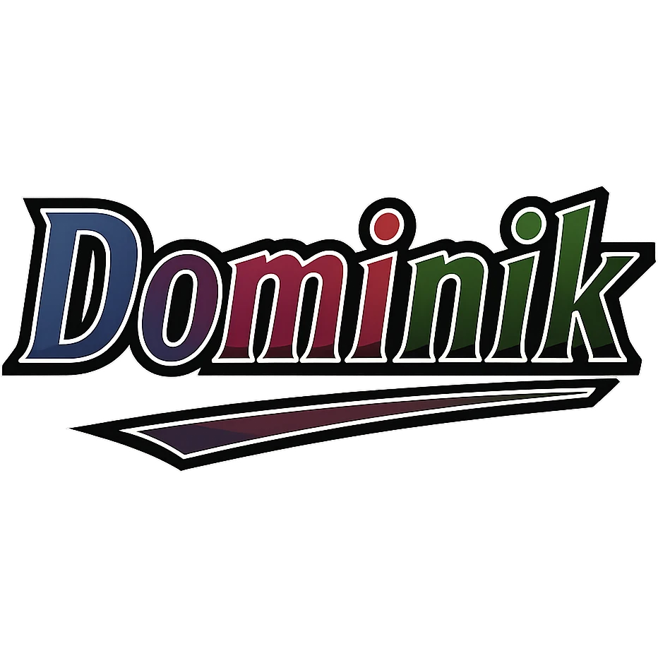 Dominik name in masculine, modern gradient font with dark contour, thin and clearly visible white border around letters, dynamic slanted underline, masculine color shades (blue, gray, burgundy, green, brown), 1000x1000 px, PNG, transparent background, in the style of the uploaded Attila sample. emoji