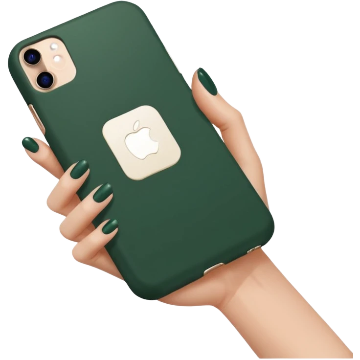 female hand with nude manicure (5 fingers) holding an iPhone in a dark green case, minimalist emoji