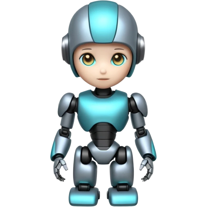Cute futuristic chibi humanoid robot with large rounded head, add text on chest "LMX", glossy black and grey metal body, glowing cyan and amber eyes, visible joints, confident pose, white background, high-detail 3D render,  emoji