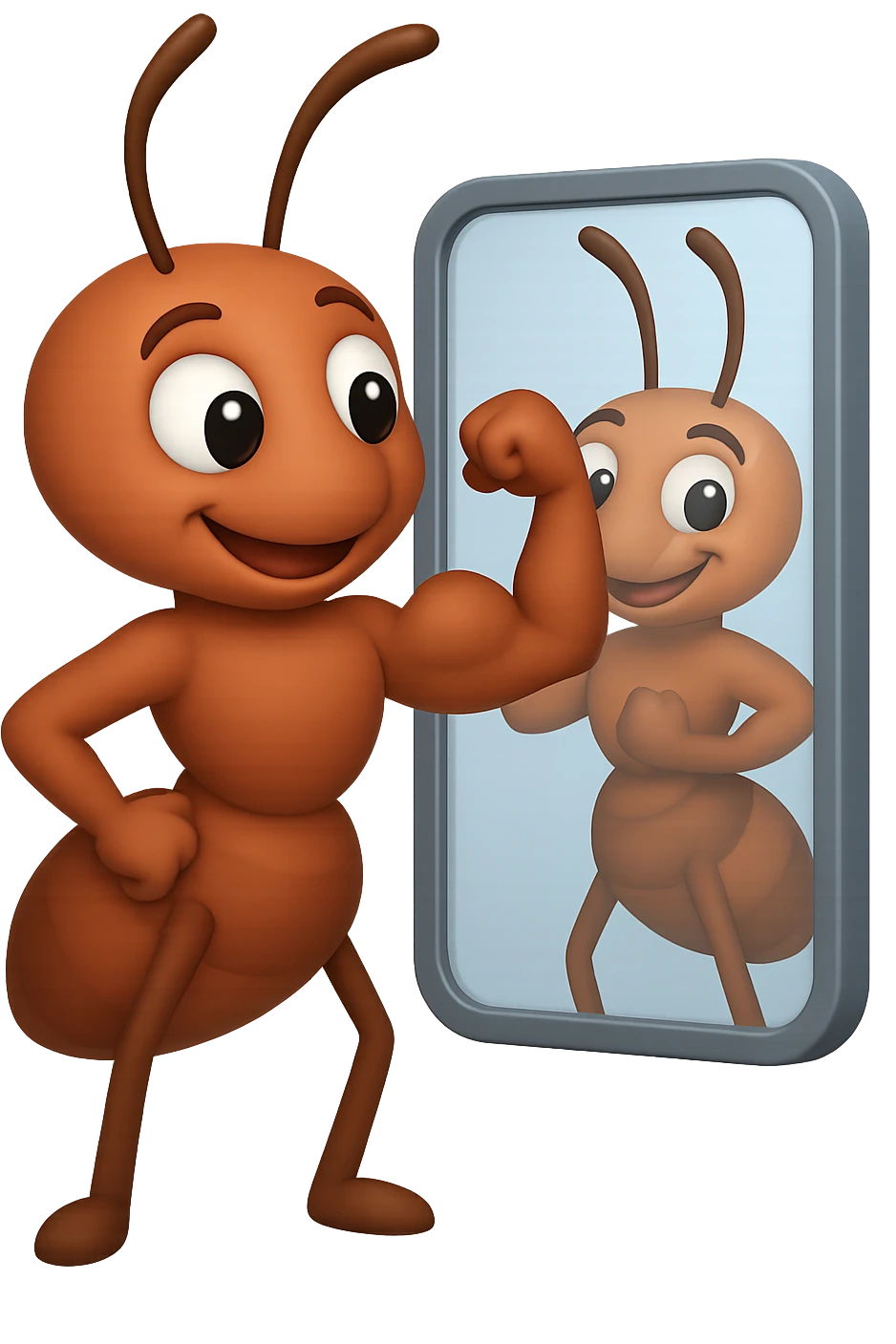 EMOJI STILE IPHONE 3D DI una formica che si guarda allo specchio felice e sicura di sè mentre contrae il suo bicipite muscoloso, fagli anche la parte bianca degli OCCHI, non solo la pupilla emoji