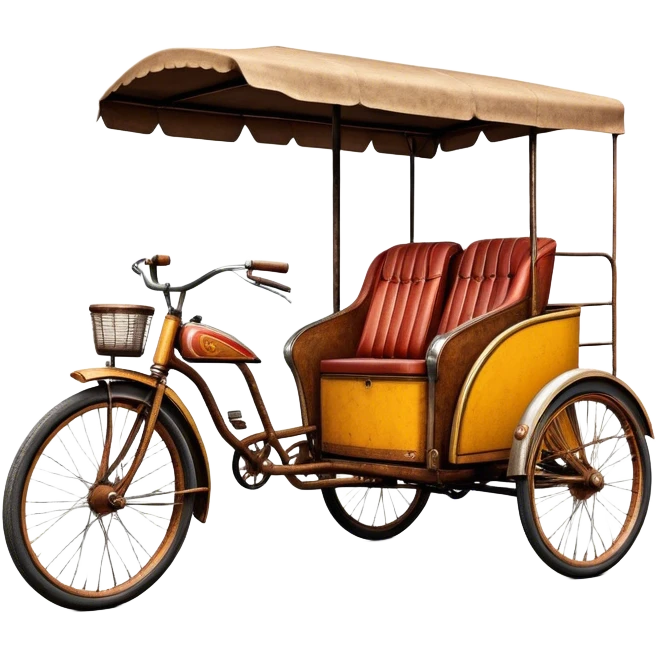 ​Cinematic Realistic Tricycle Rickshaw, depicted as a vintage manually operated vehicle featuring two front wheels and a single rear wheel, rendered with detailed rustic textures, vibrant colors, and dynamic urban lighting that captures its unique design and cultural charm, emoji