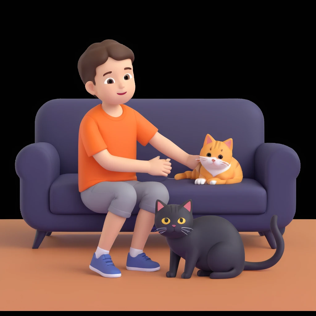boy and cat pet, living room background emoji