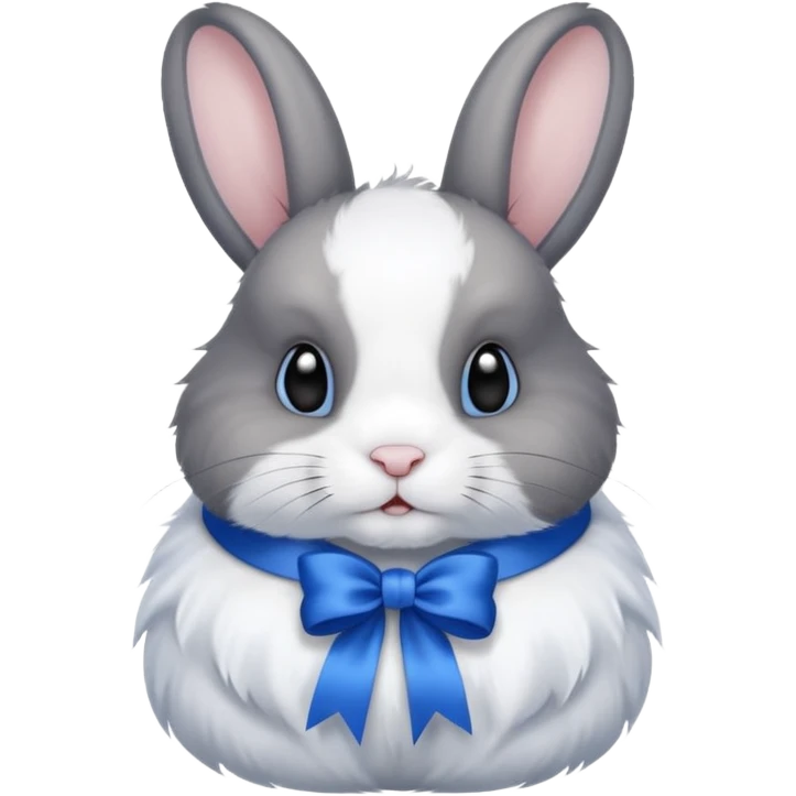 a white and black realistic domestic rabbit with a blue ribbon on its neck emoji