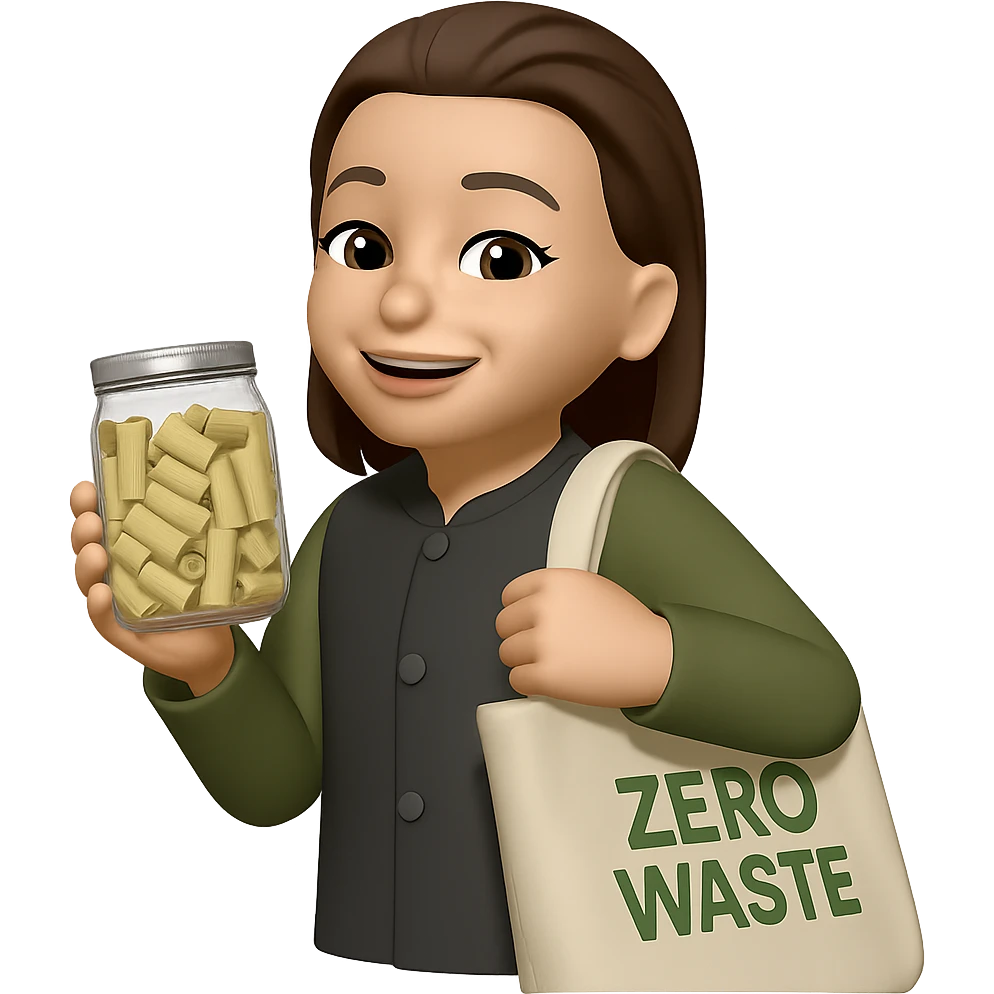 Edit the image to show her shopping in a zero waste store, holding a reusable bag and a glass jar. Keep the same style as the original image. Make the background transparent. emoji