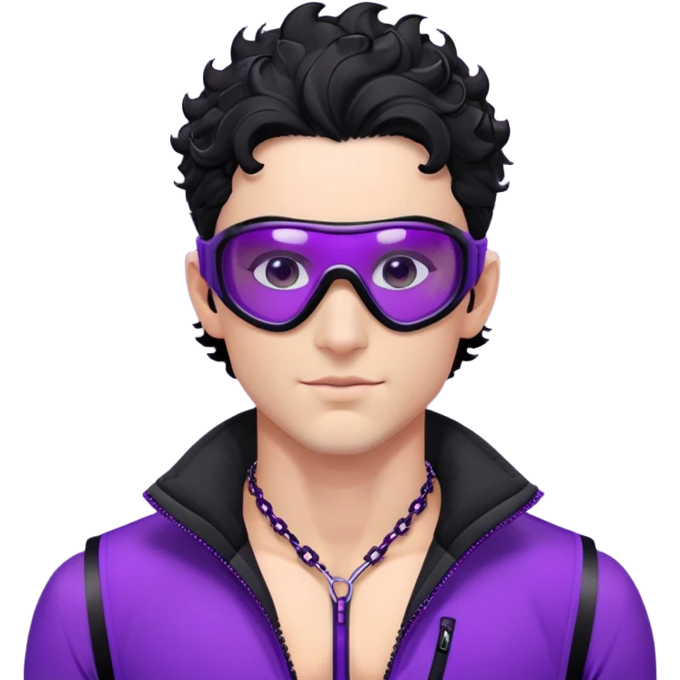 male athlete with white skin and moderately curly black hair on top with shaved sides, wearing ski goggles with purple frames and very dark black lenses, a simple plain black chain necklace, and a completely unzipped/wide open shiny purple vest fully revealing his chest and abs, no earrings emoji