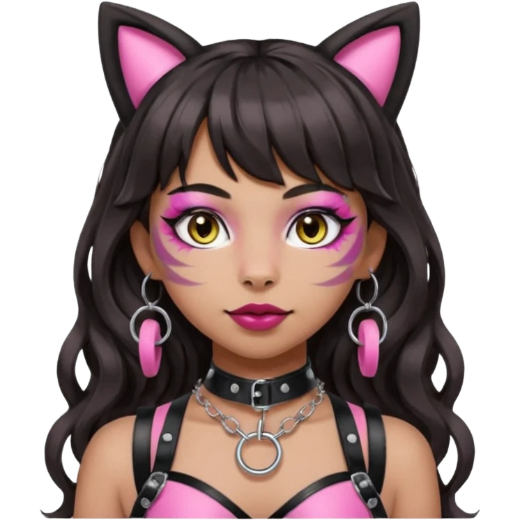 Remove any apple from the emoji. Keep the silver O-ring, bangs, bold but not crazy makeup, light-medium Hispanic skin tone, long dark wavy hair, cat ears, and pink BDSM-inspired harness. Maintain the apple emoji style with a transparent background. emoji