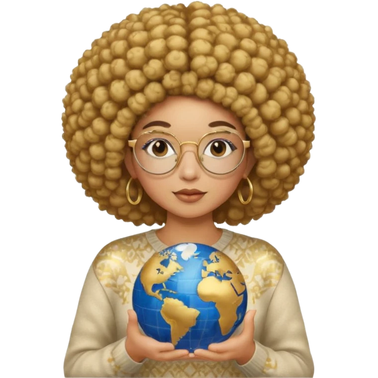 a young woman wearing gold round glasses and afro hair, she has medium/mate skin, she's wearing a sweater and she's holding a globe in her hand emoji