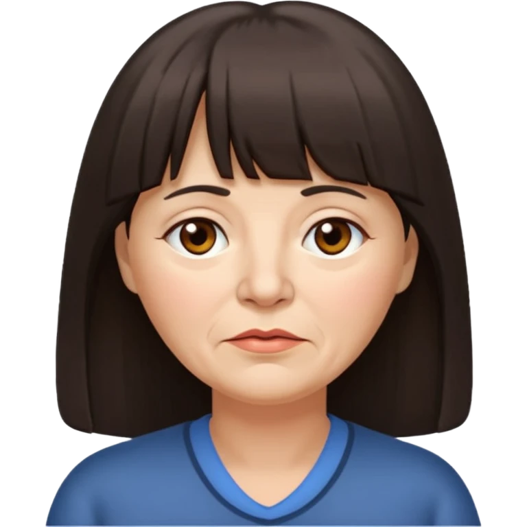 60 yr old woman, long hair down back, very small brown eyes, long hair, straight dark brown hair, bangs, chubby, long face, very tired emoji