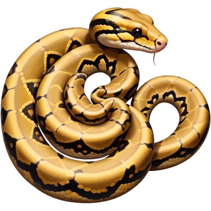 A photo-realistic top-down view of a Ball Python gently coiled into a tight spiral, with its head resting peacefully at the center. Its scales are warm brown with bold, irregular black markings, including the distinctive “alien-head” pattern, flowing smoothly along its body.  emoji