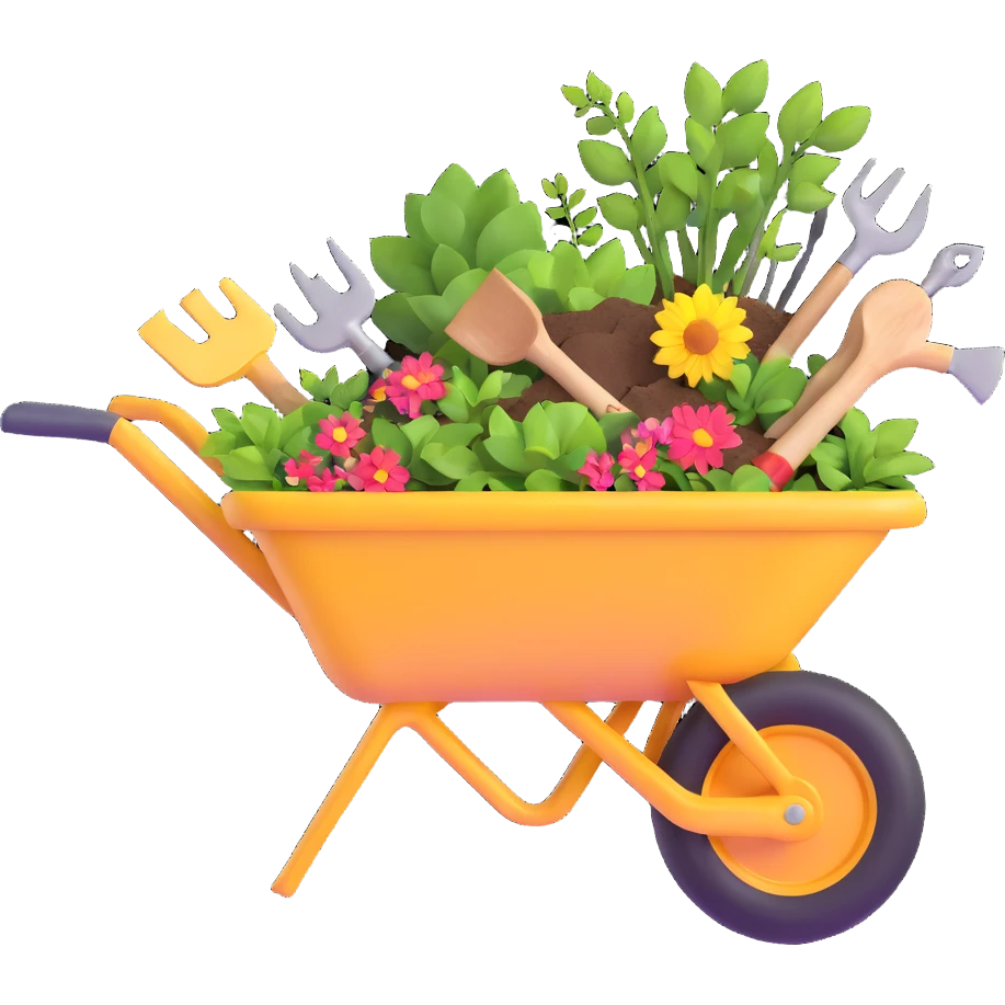 wheelbarrow with gardening tools emoji