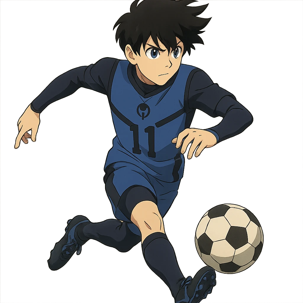 anime soccer player inspired by Blue Lock, dynamic pose, blue and black uniform emoji