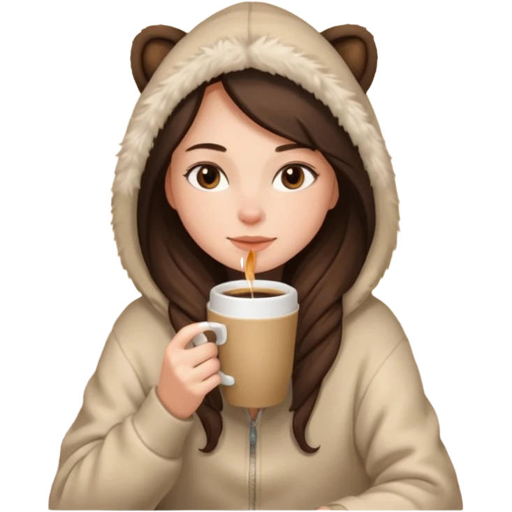 a brunette girl sitting cozily in a beige fur hoodie sipping coffee emoji