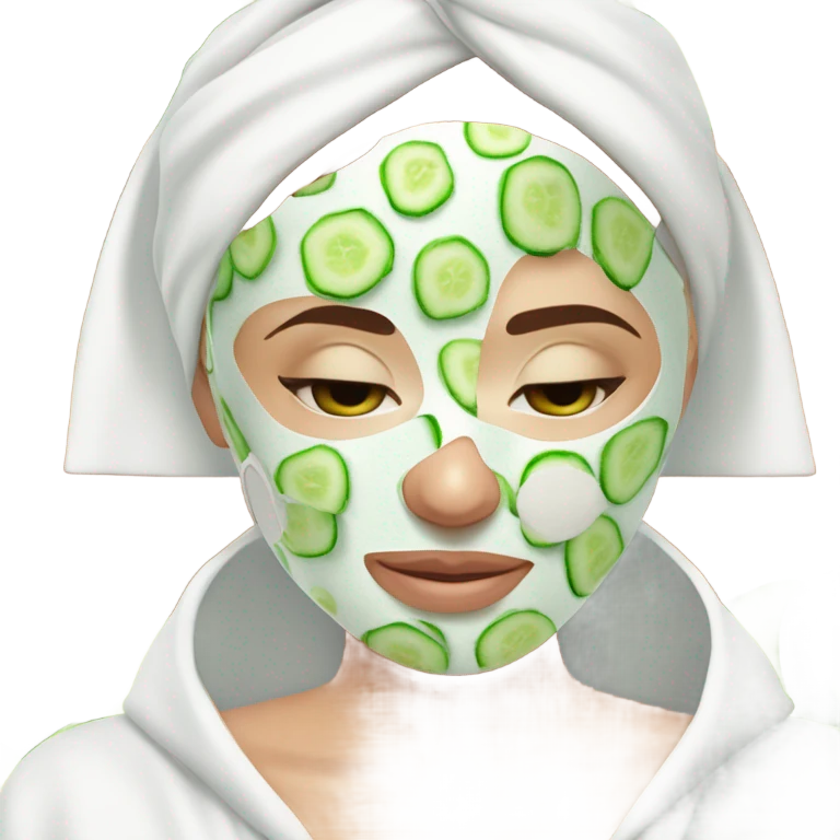 Girl with freackles Brown hair white skin and blue eyes wears Green colored texture skin care mask all over her face while She relaxes and puts two round piece of cucumber on her closed eyes In a white Robe emoji