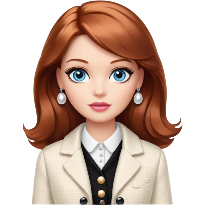 A Barbie girl with blue eyes, shoulder-length reddish-brown hair with makeup, wearing a white tweed jacket and a black skirt stands with chanel cream emoji