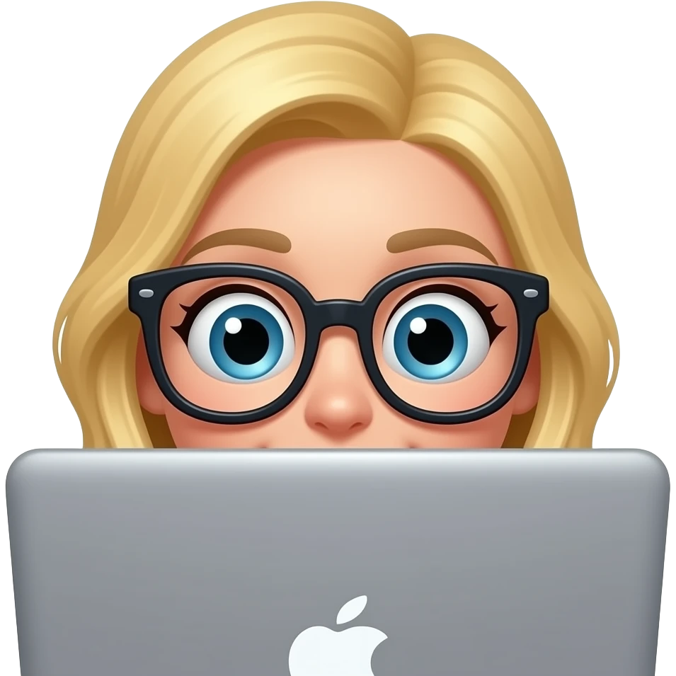 3D emoji-style female character with blode hair and big glasses, eyes wide, peeking over a laptop, emoji