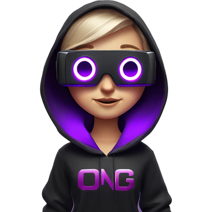 Russian girl wearing black hoody with violet letters "OMG", in vr headset oculus quest2. Standing like jedi. Cyberpunk style. Violet neon. emoji