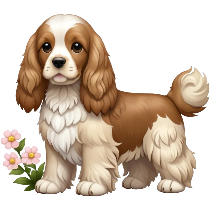 Full body shot of a cocker spaniel with flowers emoji