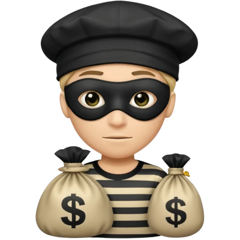 Cartoon-Räuber mit schwarzer Augenmaske, gestreiftem Shirt, schwarzer Mütze und einem Geldsack mit $-Zeichen. emoji
