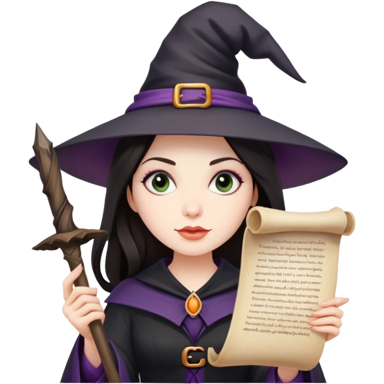 Девушка с темными волосами ведьма держит свиток emoji