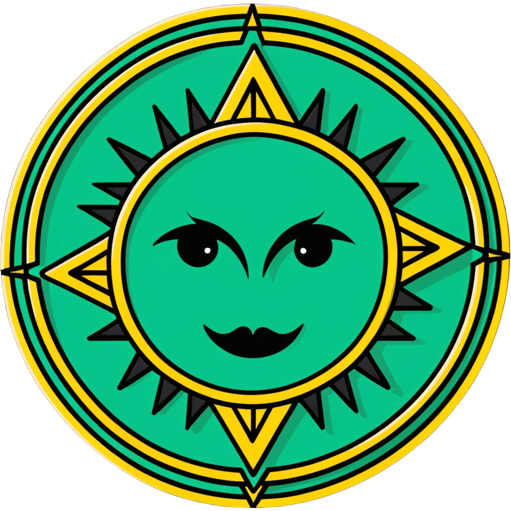 Maya sun symbol hieroglyph with precise geometric shapes, flat design, strictly white and deep green only, sharp angular lines, no curves emoji