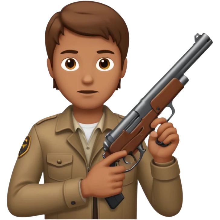 White guy with brown hair holding a gun like a cop would emoji