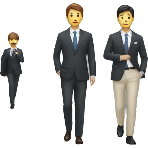 Two people in suits. One is looking at a watch, the other is walking emoji